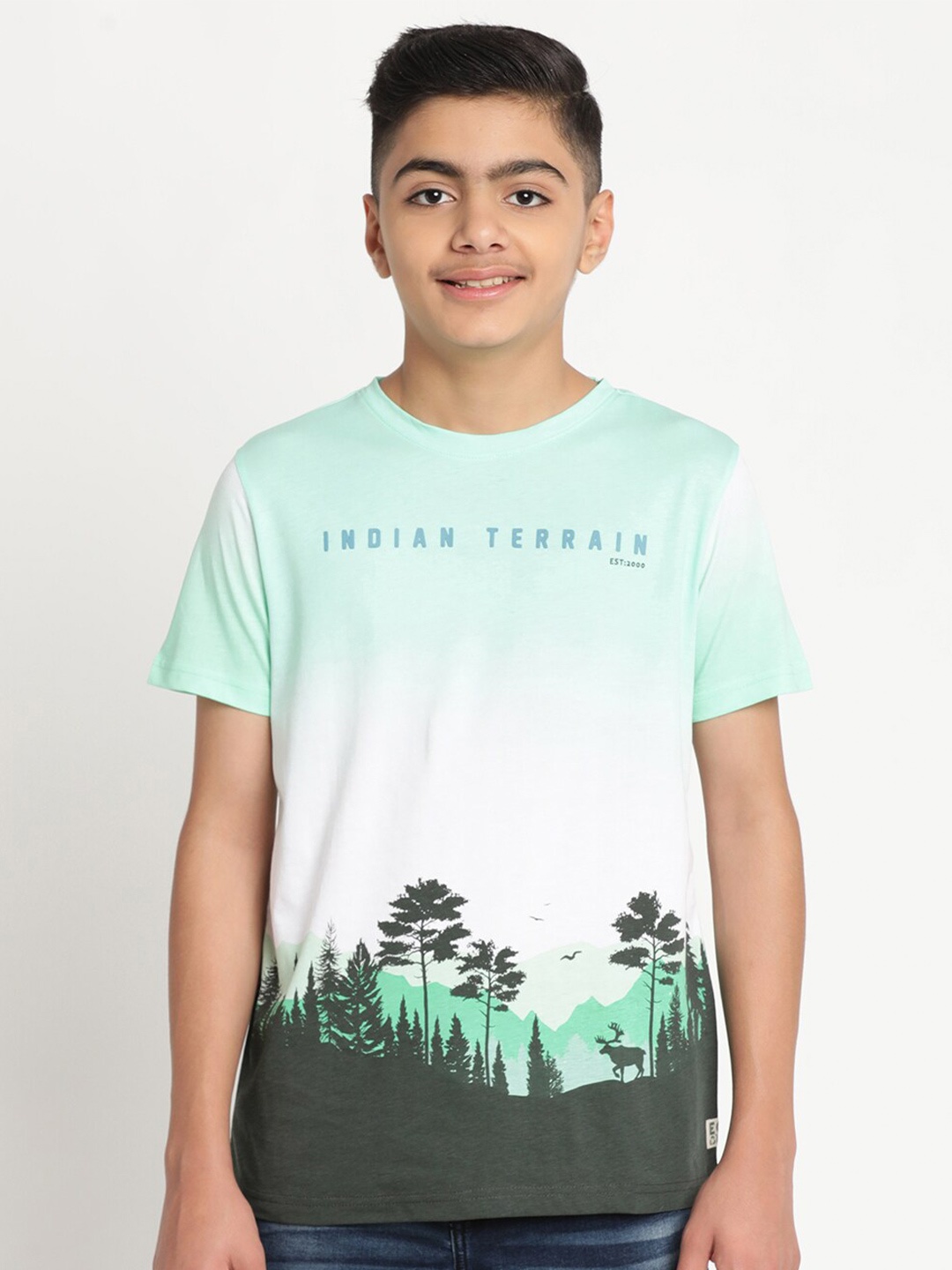 Indian Terrain Boys Graphic Printed Pure Cotton T-shirt, Green