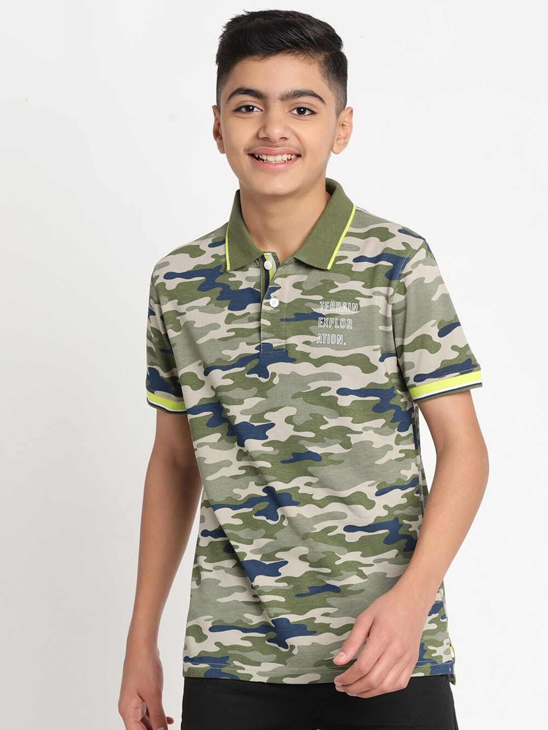 Indian Terrain Boys Camouflage Printed Polo Collar Slim Fit Cotton T-shirt, Olive