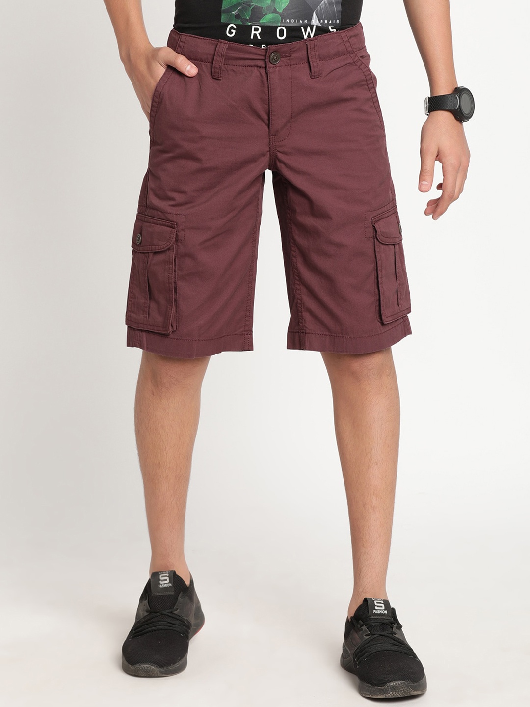 Indian Terrain Boys Slim Fit Pure Cotton Cargo Shorts, Maroon