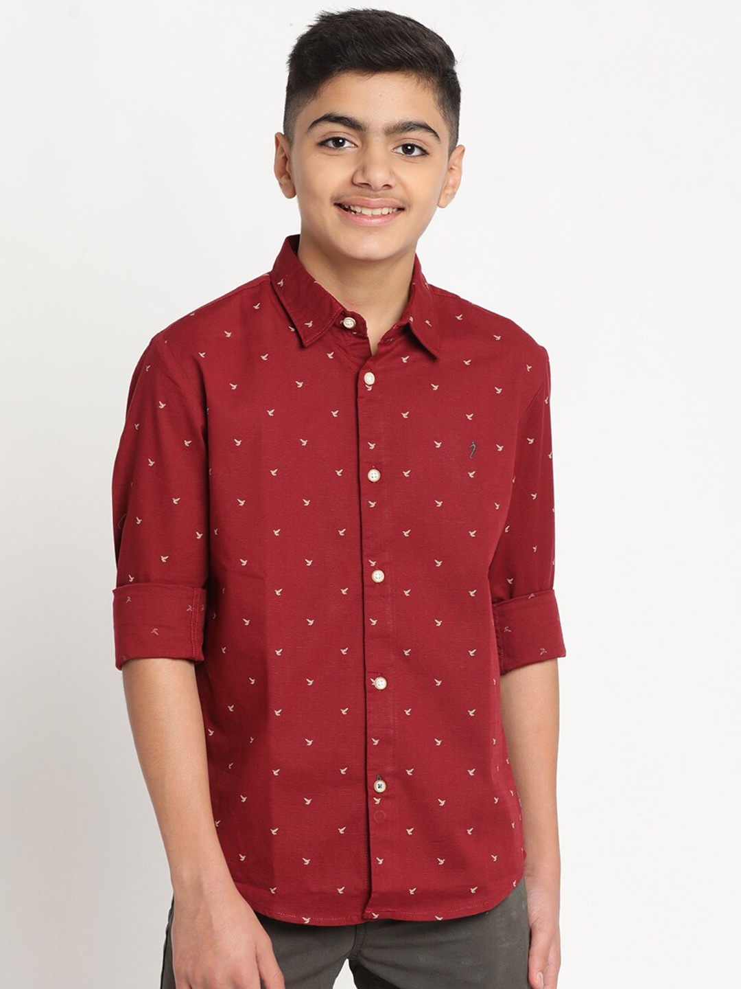 Indian Terrain Boys Standard Printed Casual Cotton Shirt, Red