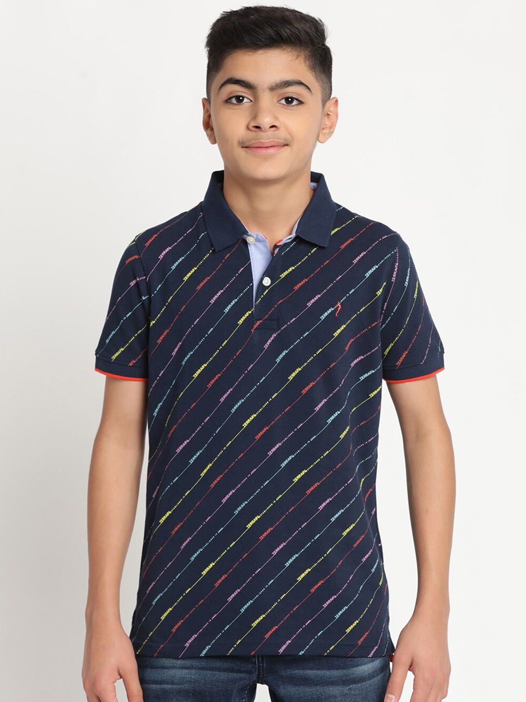 Indian Terrain Boys Typography Printed Polo Collar Slim Fit Cotton T-shirt, Blue