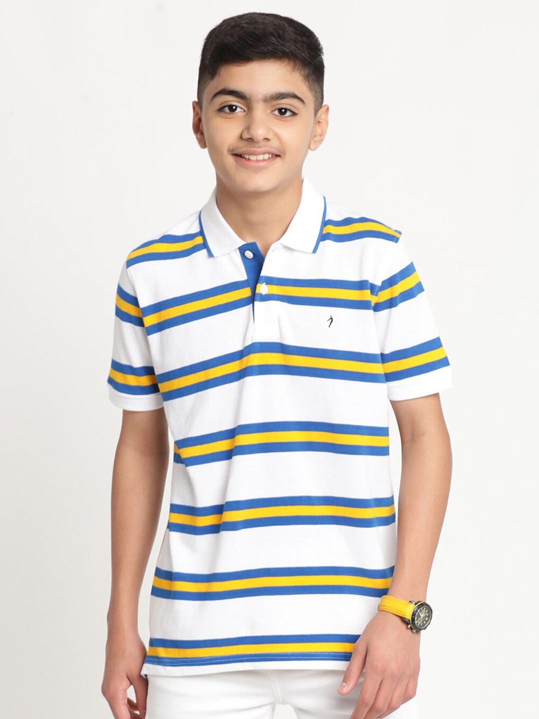 Indian Terrain Boys Striped Polo Collar Pure Cotton T-shirt, White