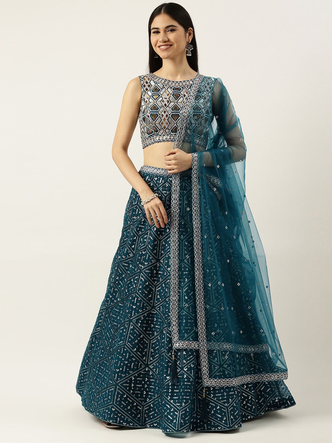 panchhi Embellished Sequinned Semi-Stitched Lehenga & Unstitched Blouse With Dupatta, Teal