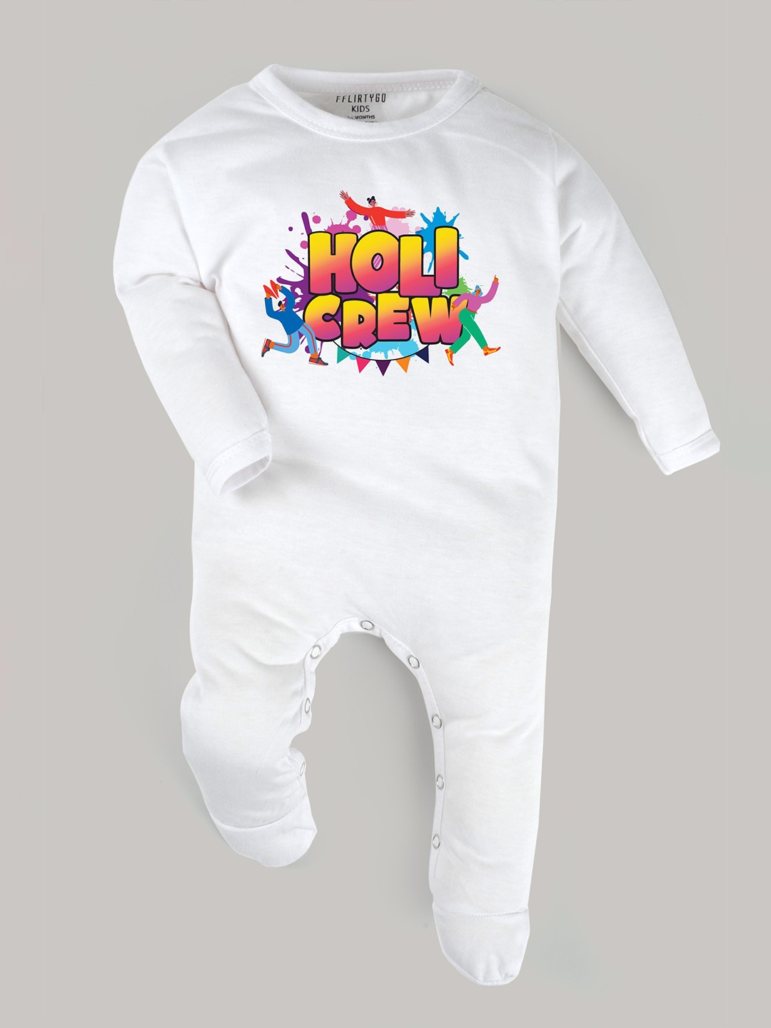 FFLIRTYGO Infants Holi Printed Pure Cotton Sleepsuit, White