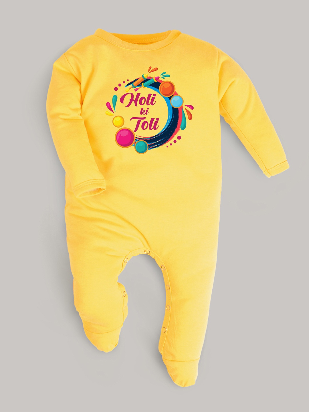 FFLIRTYGO Kids Holi Printed Pure Cotton Sleepsuit, Yellow