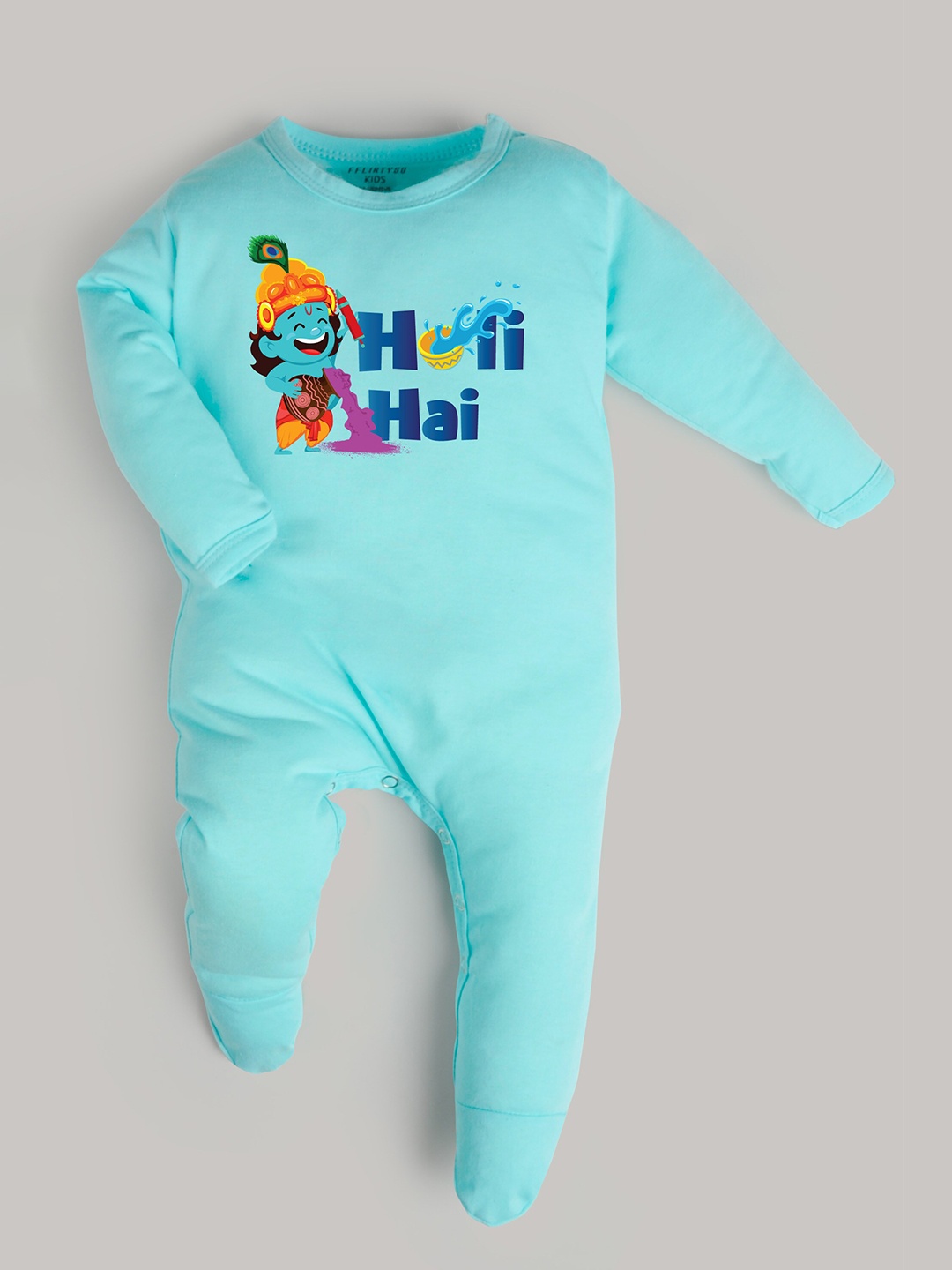 FFLIRTYGO Infants Holi Printed Pure Cotton Rompers, Turquoise blue