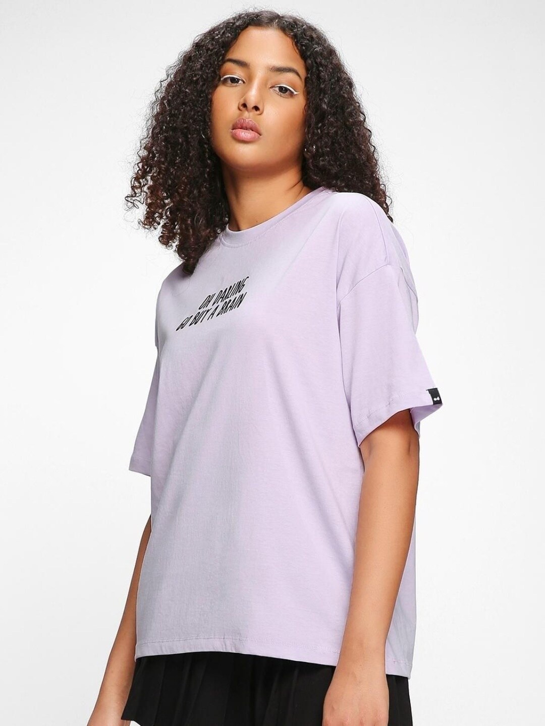 Bewakoof Women Typography Printed Loose Fit Cotton T-shirt, Lavender