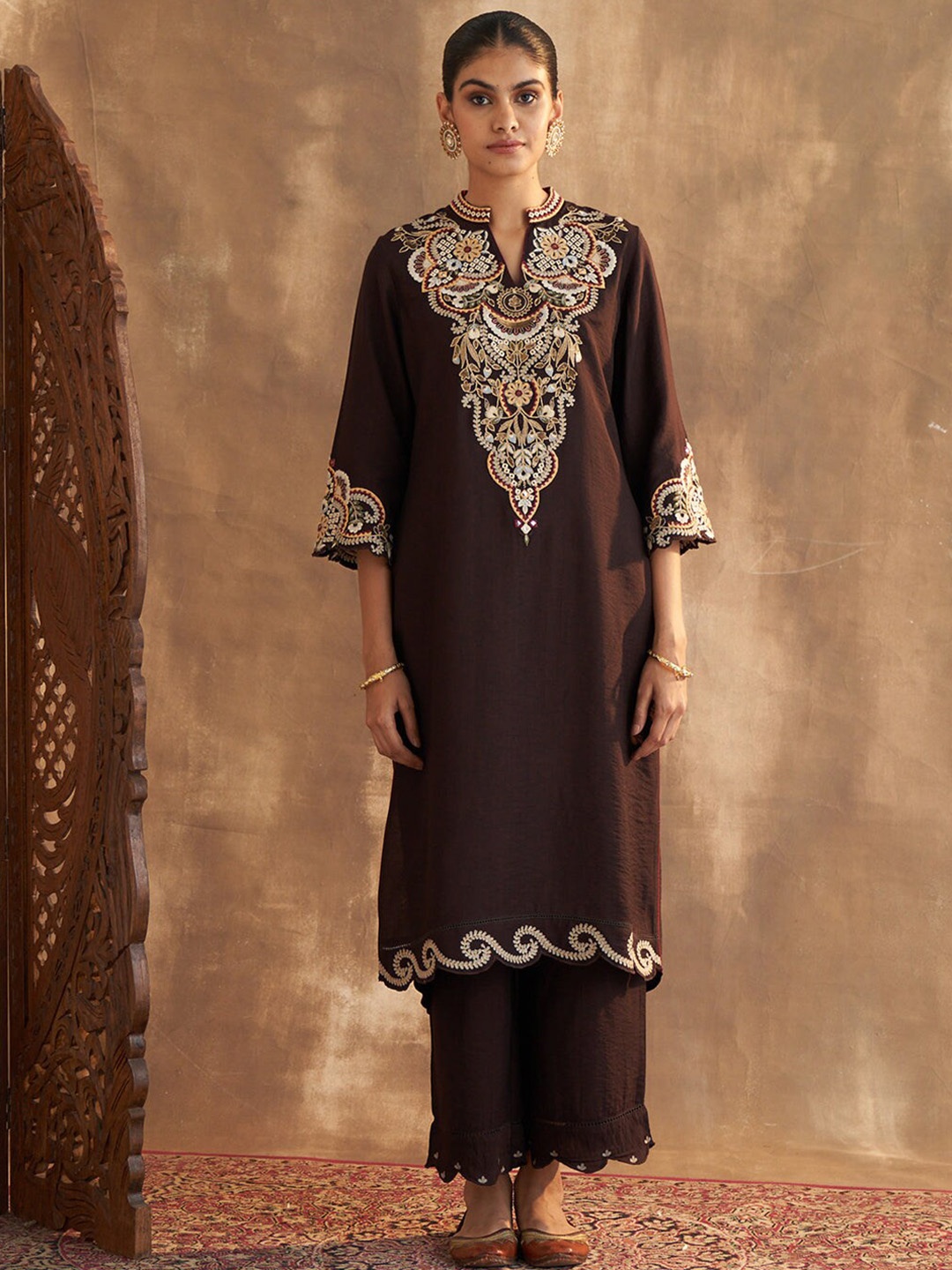 Lakshita Women Plus Size Ethnic Motifs Embroidered Thread Work Kurta with Palazzos, Brown
Lakshita Women Plus Size Ethnic Motifs Embroidered Thread Work Kurta with Palazzos, Brown