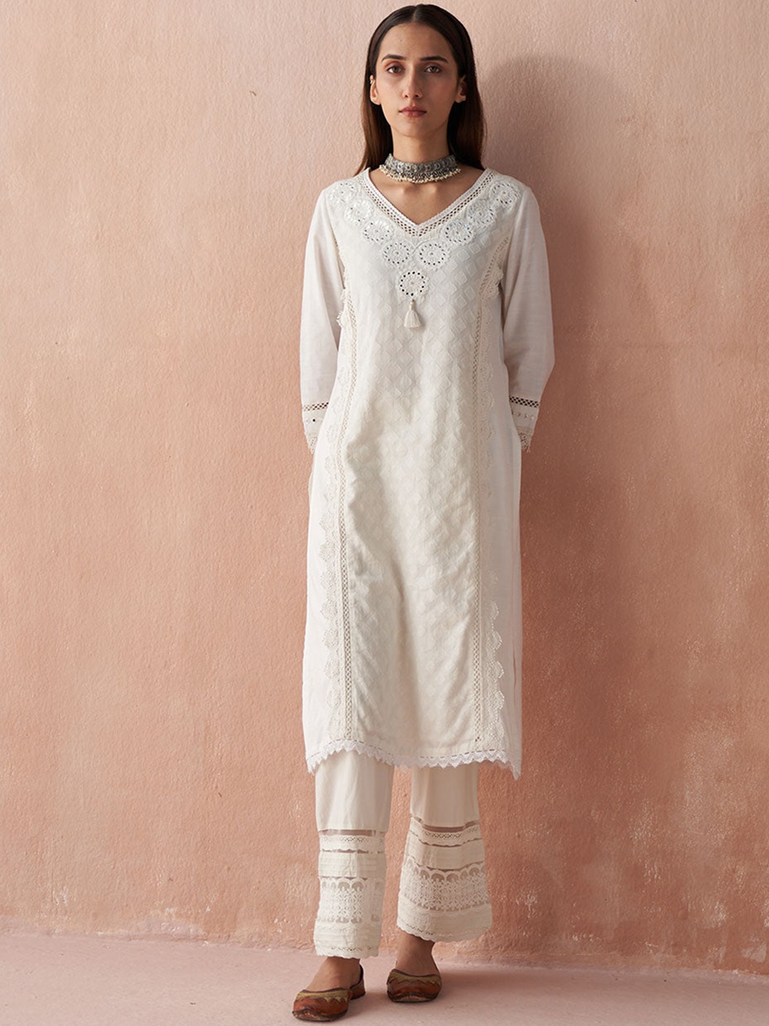 Lakshita Plus Size Ethnic Motifs Embroidered Mirror Work Kurta with Palazzos, Cream
Lakshita Plus Size Ethnic Motifs Embroidered Mirror Work Kurta with Palazzos, Cream