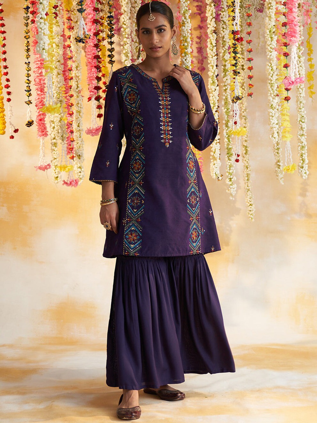 Lakshita Women Ethnic Motifs Embroidered Kurta with Sharara, Purple