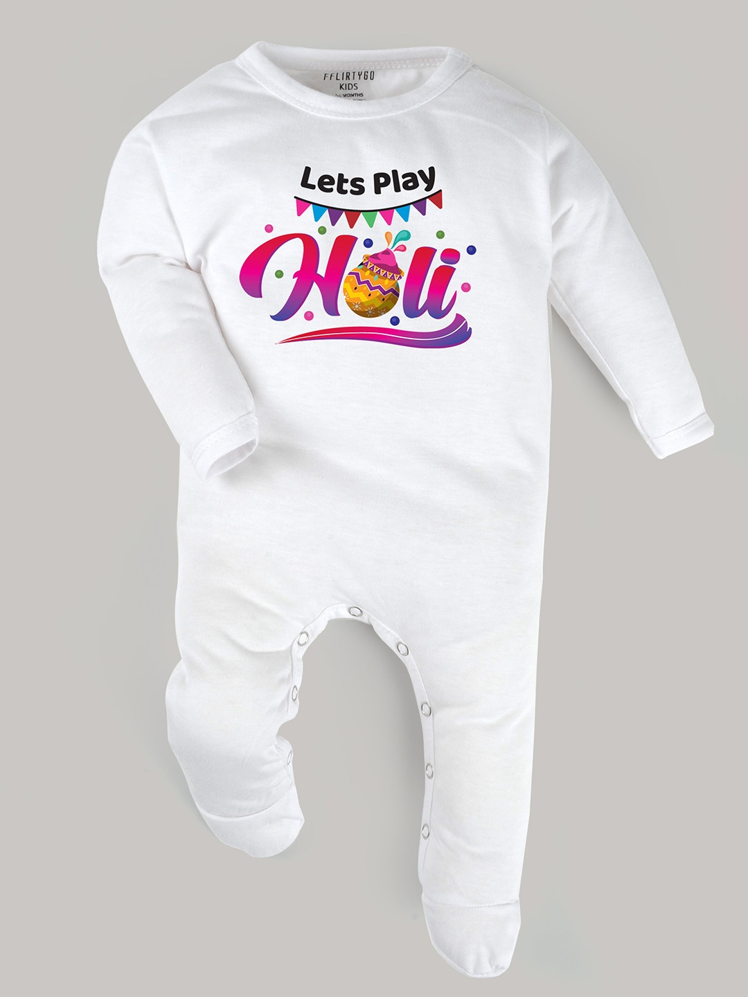 FFLIRTYGO Infants Holi Printed Pure Cotton Sleepsuit, White