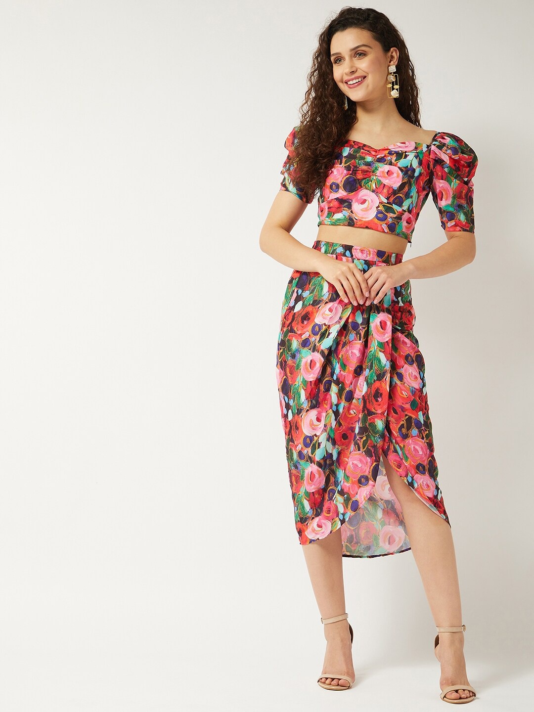 Zima Leto Women Printed Top with Skirt, Pink