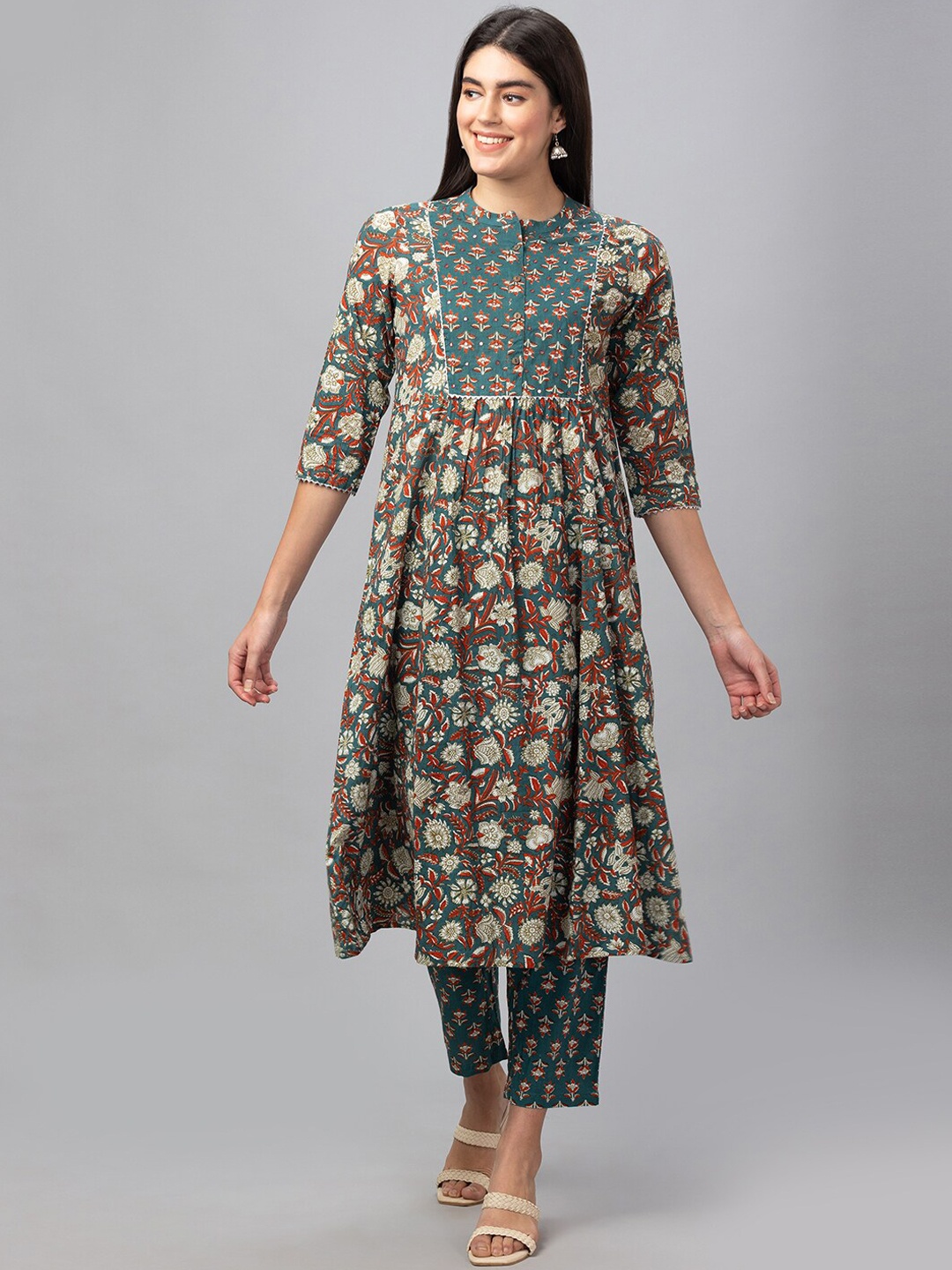 Globus Women Floral Printed Mirror Work Pure Cotton Kurta with Trousers, Green
Globus Women Floral Printed Mirror Work Pure Cotton Kurta with Trousers, Green