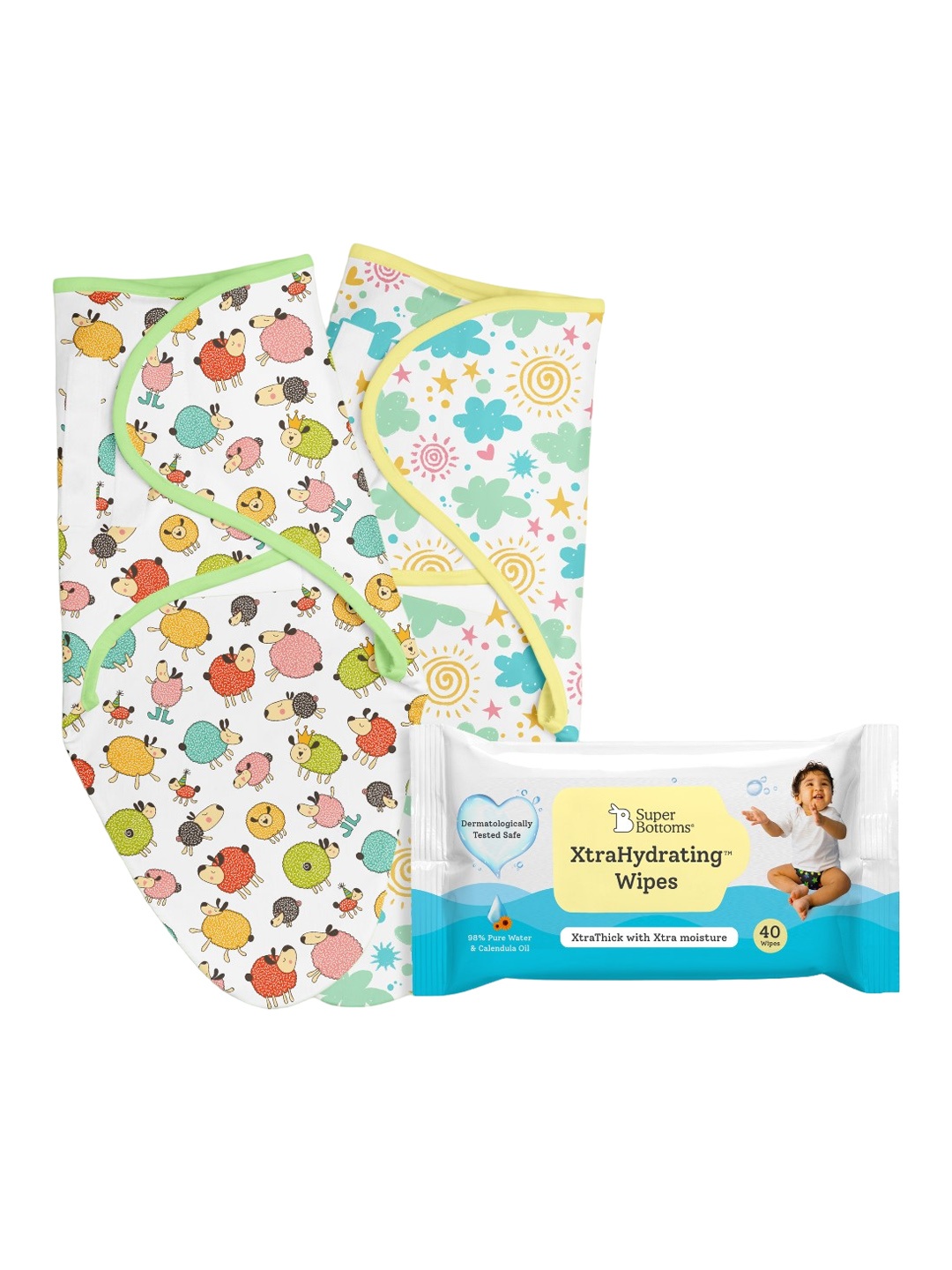 SuperBottoms Infants Set Of 2 Printed Pure Cotton Swaddle Wrap with XtraHydrating Wipes, White
SuperBottoms Infants Set Of 2 Printed Pure Cotton Swaddle Wrap with XtraHydrating Wipes, White