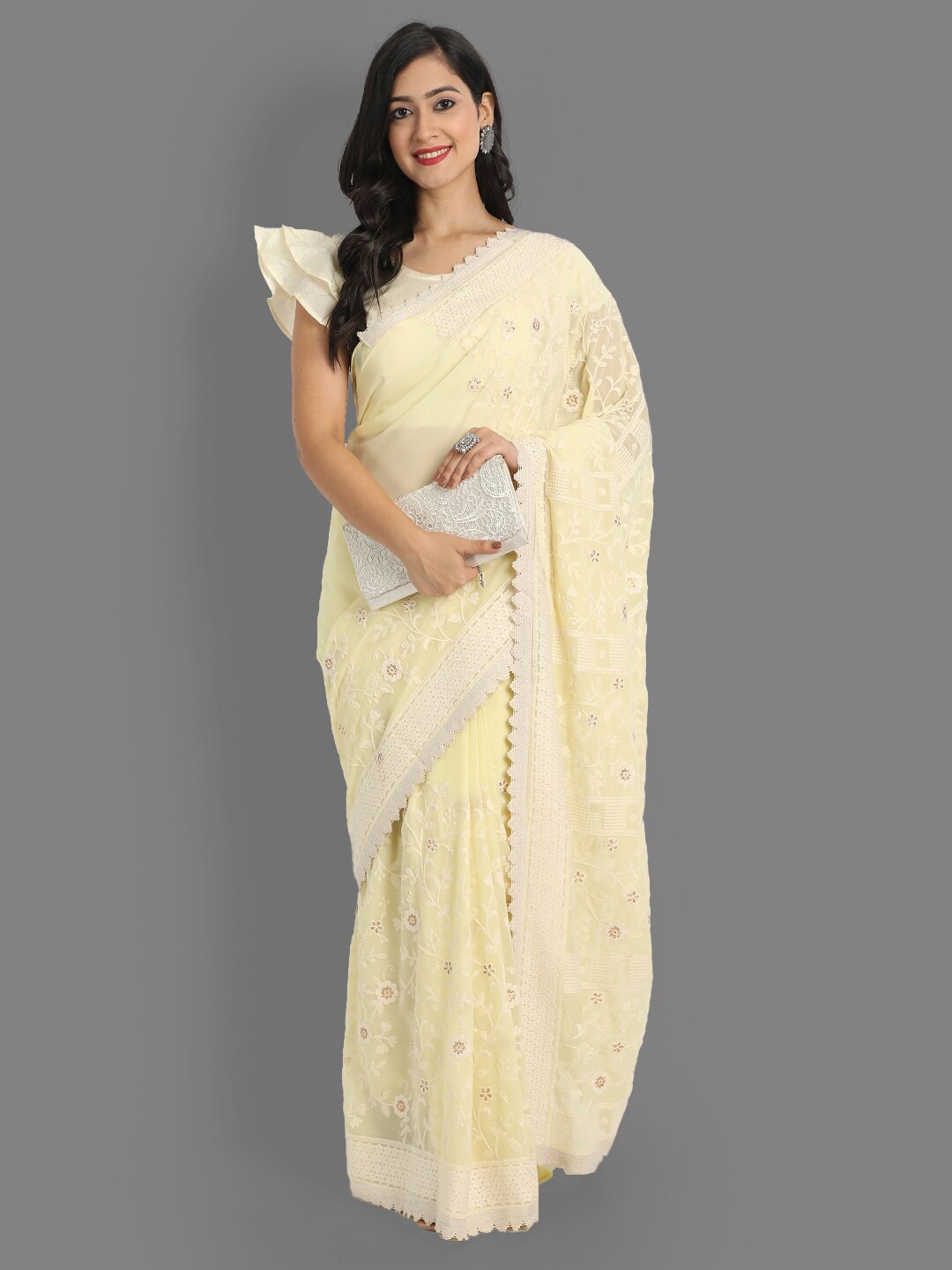 Ekta Textiles Floral Embroidered Pure Cotton Chanderi Saree, Yellow