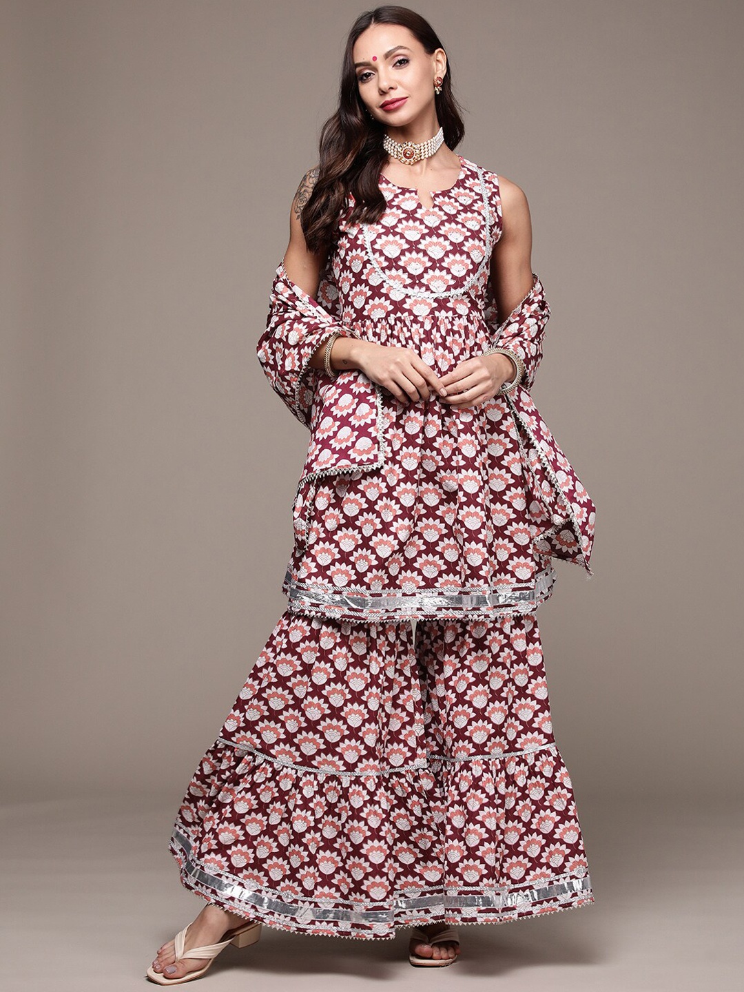 Anubhutee Women Floral Printed Gotta Patti Pure Cotton Kurta With Sharara & Dupatta, Maroon
Anubhutee Women Floral Printed Gotta Patti Pure Cotton Kurta With Sharara & Dupatta, Maroon