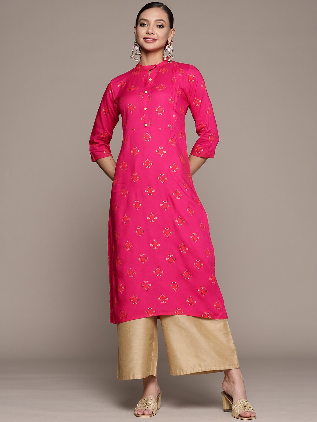 Anubhutee Women Band Collar Ethnic Motifs Printed Kurta, Pink