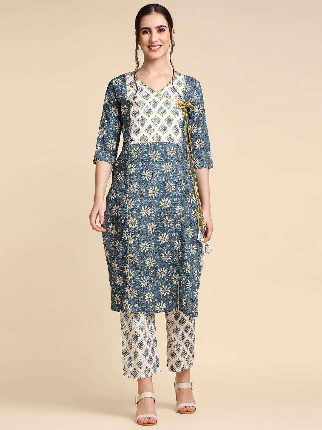 Anubhutee Floral Printed Angrakha Pure Cotton Kurta with Trousers, Blue