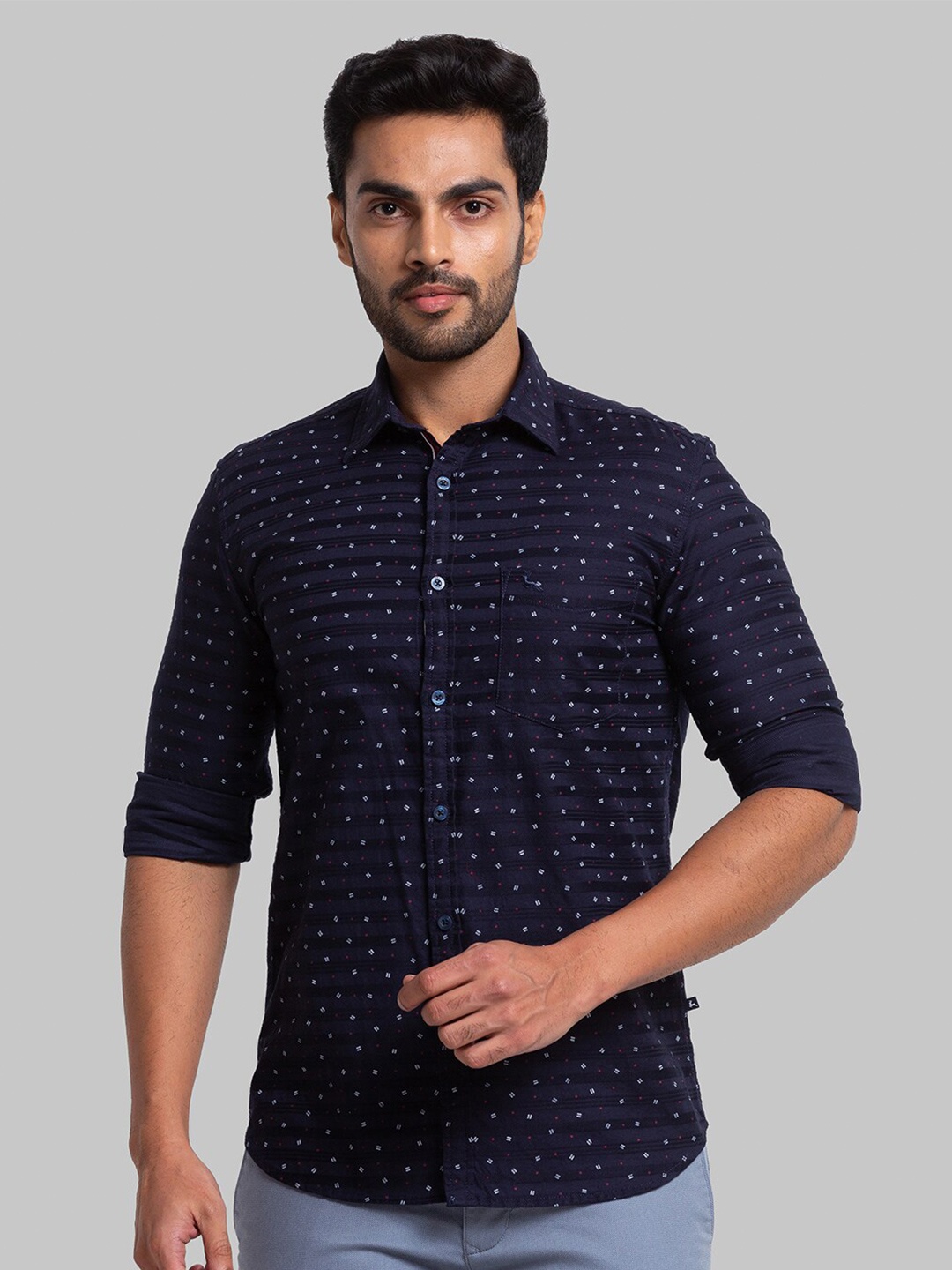 Parx Men Slim Fit Printed Casual Cotton Shirt, Blue