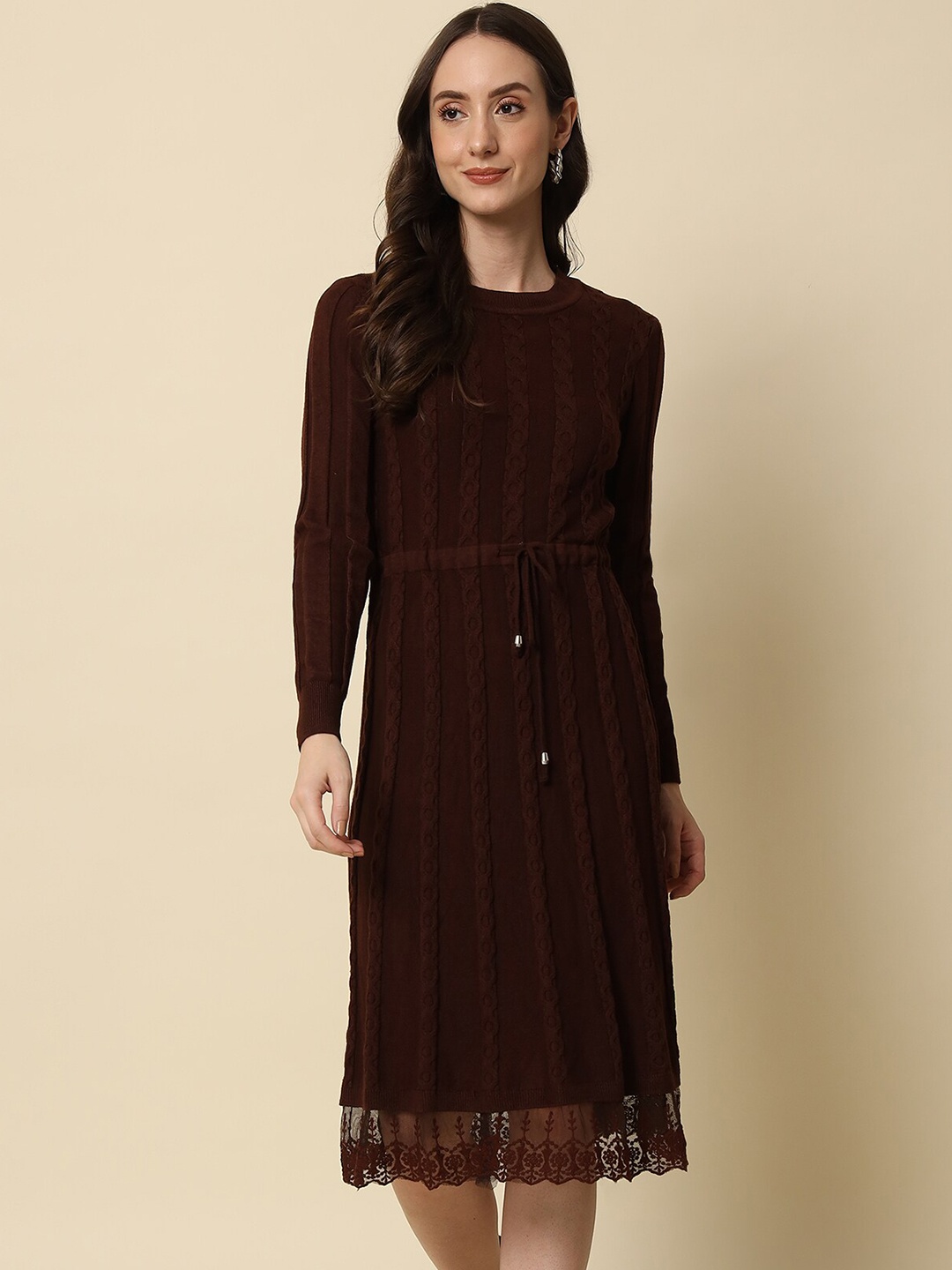 Beatnik Embroidered Midi Wool Jumper Dress, Brown