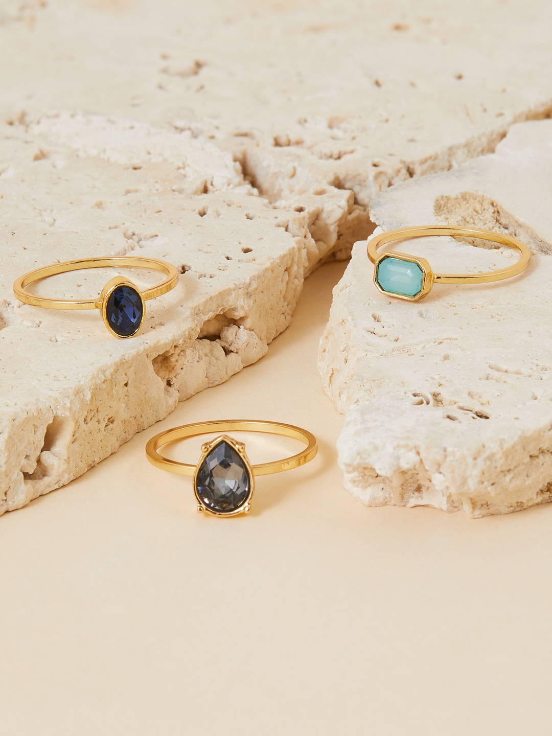 Accessorize Women Set Of 3 Gold-Toned Crystal-Studded Finger Ring, Blue
