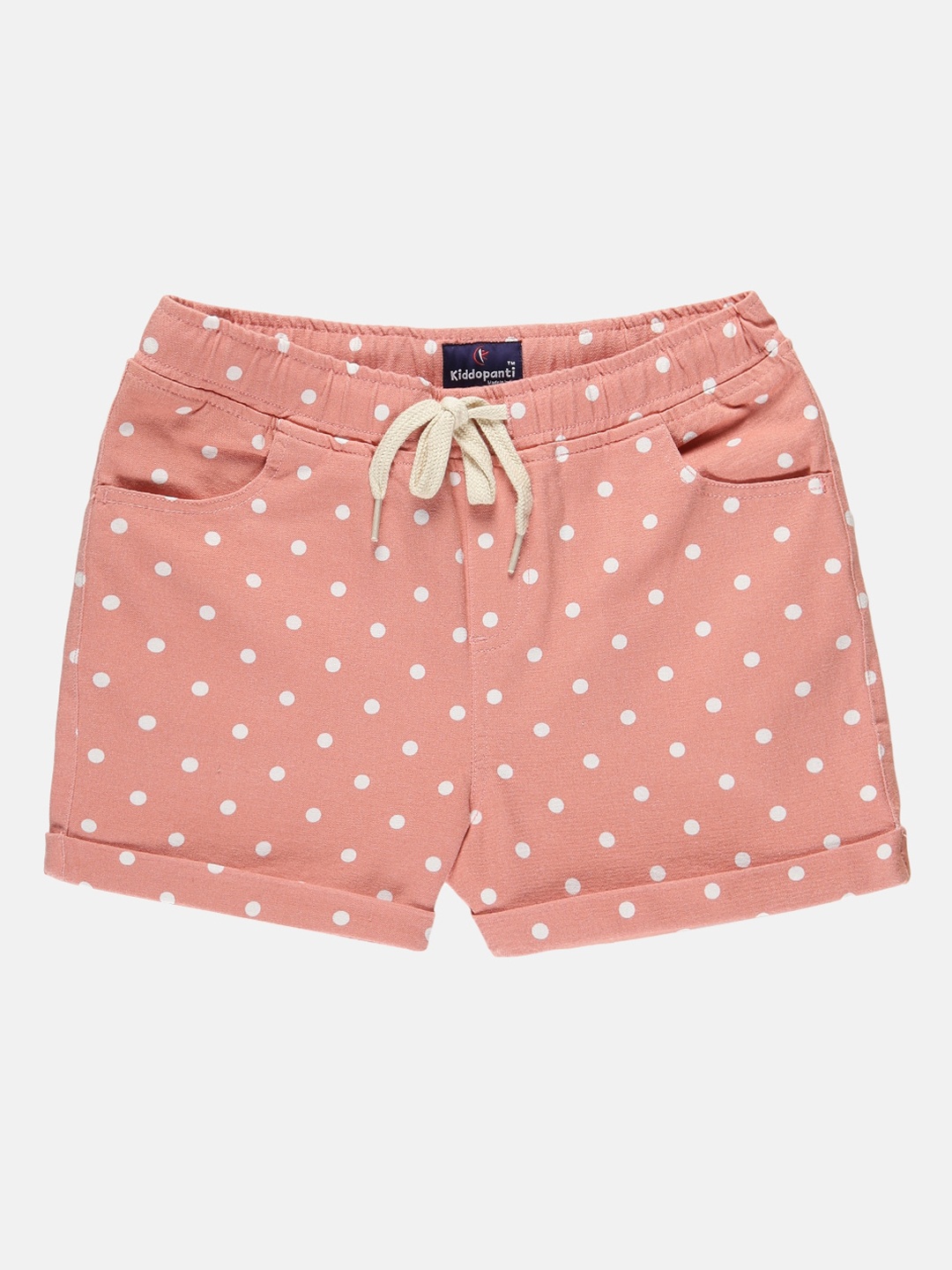 KiddoPanti Girls Polka Dots Printed Mid Rise Hot Pant Shorts, Peach