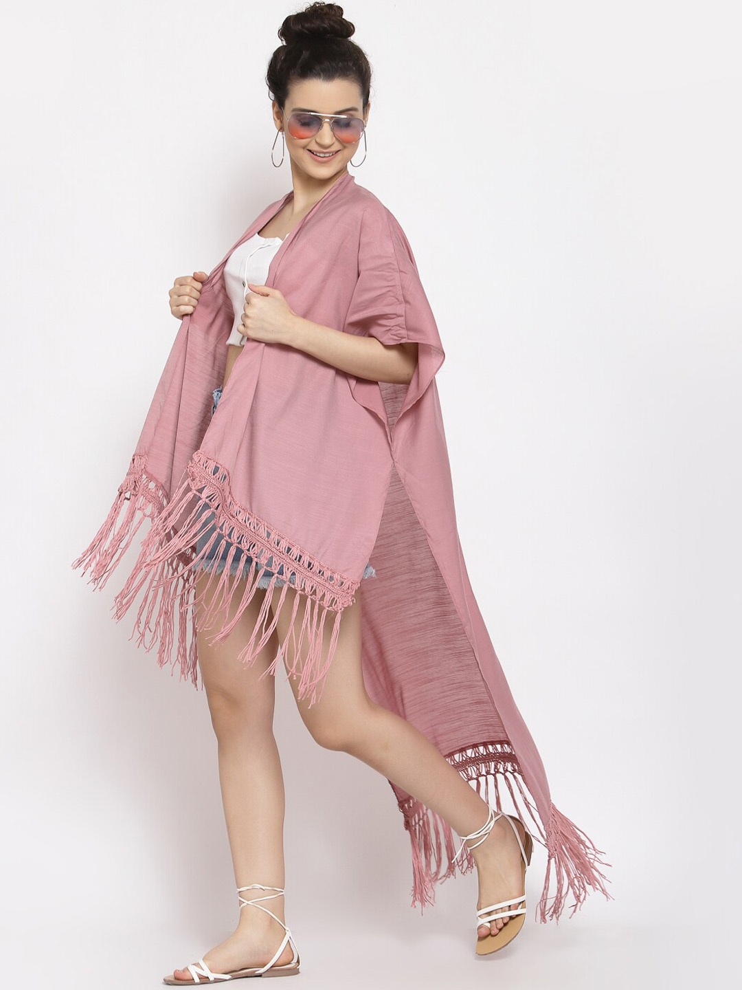 iki chic Women Tasselled Kimono Longline Shrug, Pink