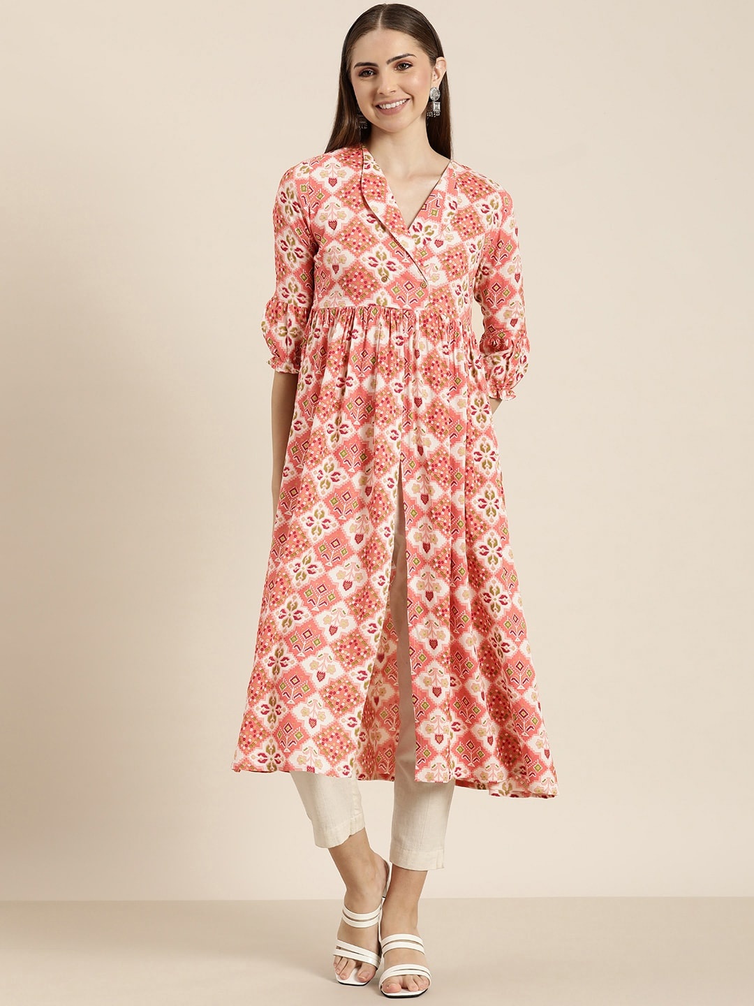 Moda Rapido Bandhani & Geometric Print Shawl Neck Pleated High Front Slit A-Line Kurta, Peach
Moda Rapido Bandhani & Geometric Print Shawl Neck Pleated High Front Slit A-Line Kurta, Peach