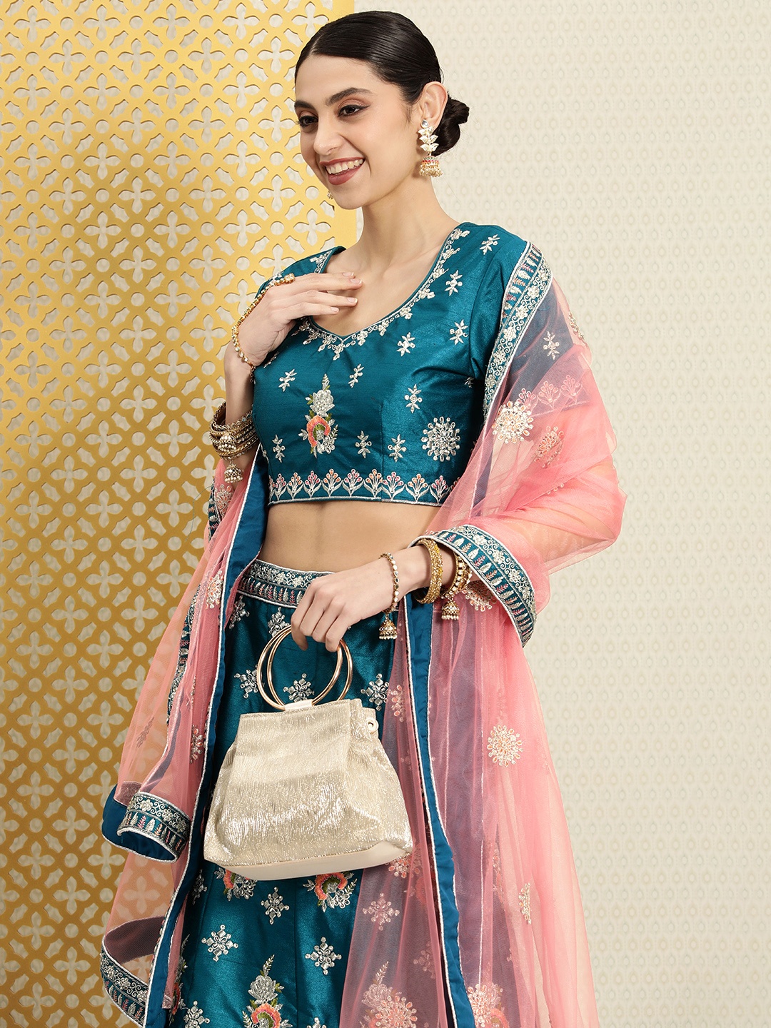 House of Pataudi Beads and Stones Ready to Wear Jashn Lehenga & Blouse With Dupatta, Teal
House of Pataudi Beads and Stones Ready to Wear Jashn Lehenga & Blouse With Dupatta, Teal