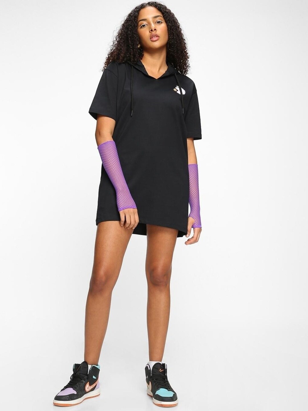 Bewakoof Hooded Printed T-shirt Mini Cotton Oversized Fit Dress, Black