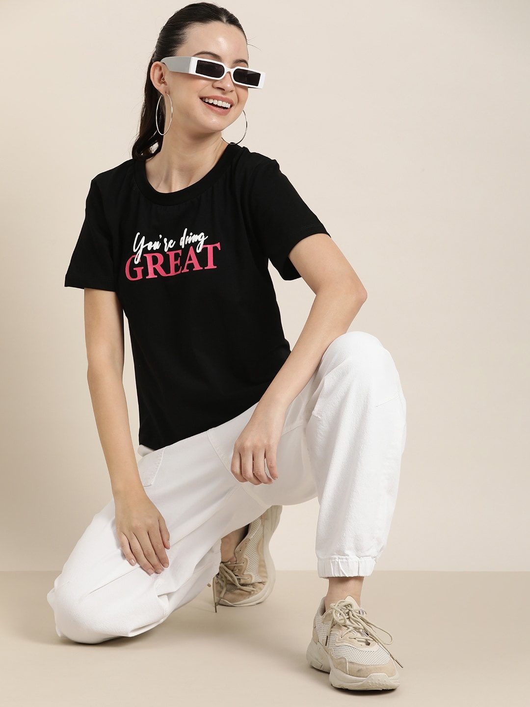 HERE&NOW Typography Printed Pure Cotton Applique T-shirt, Black