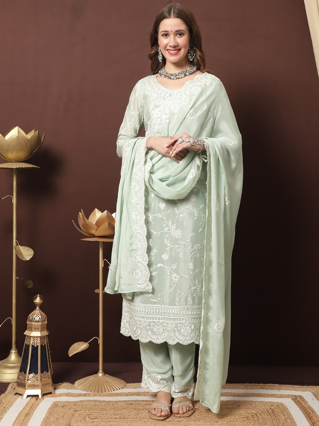 Stylee LIFESTYLE Embroidered Unstitched Dress Material, Green