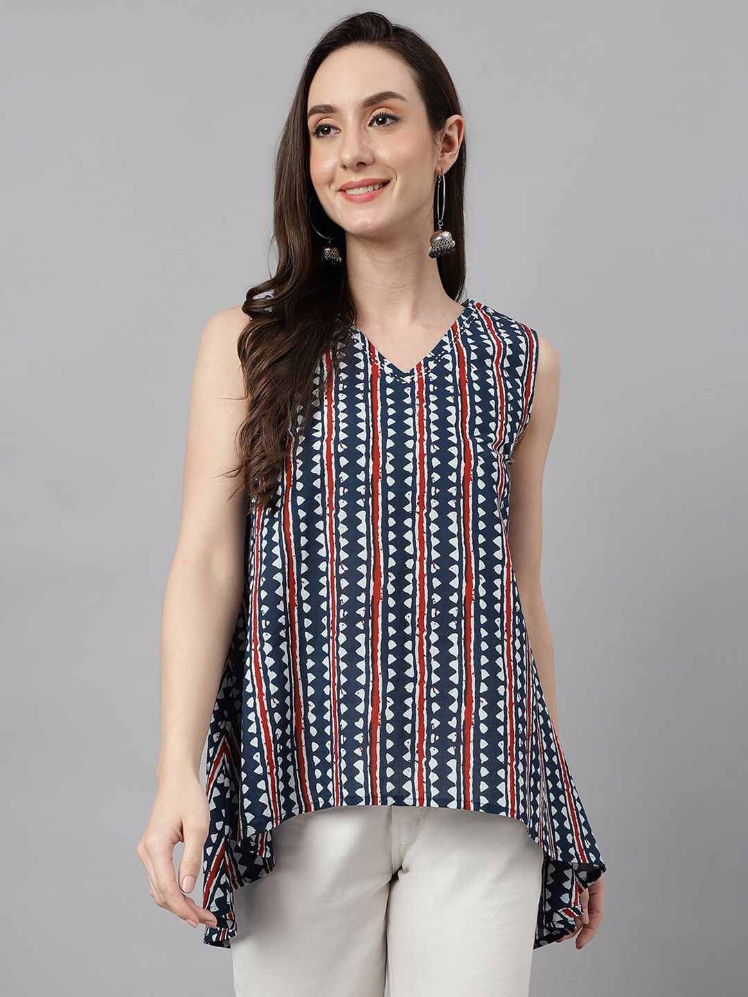 Janasya Geometric Print V-Neck Cotton Top, Navy blue