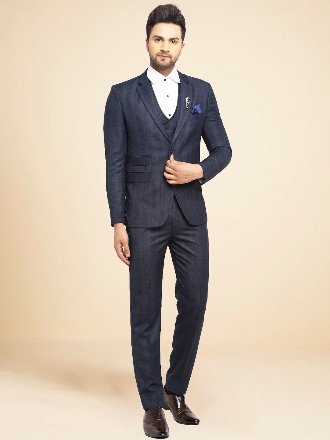 LUXURAZI Men Checkered Single-Breasted Slim-Fit 3-Piece Formal Suit, Navy blue