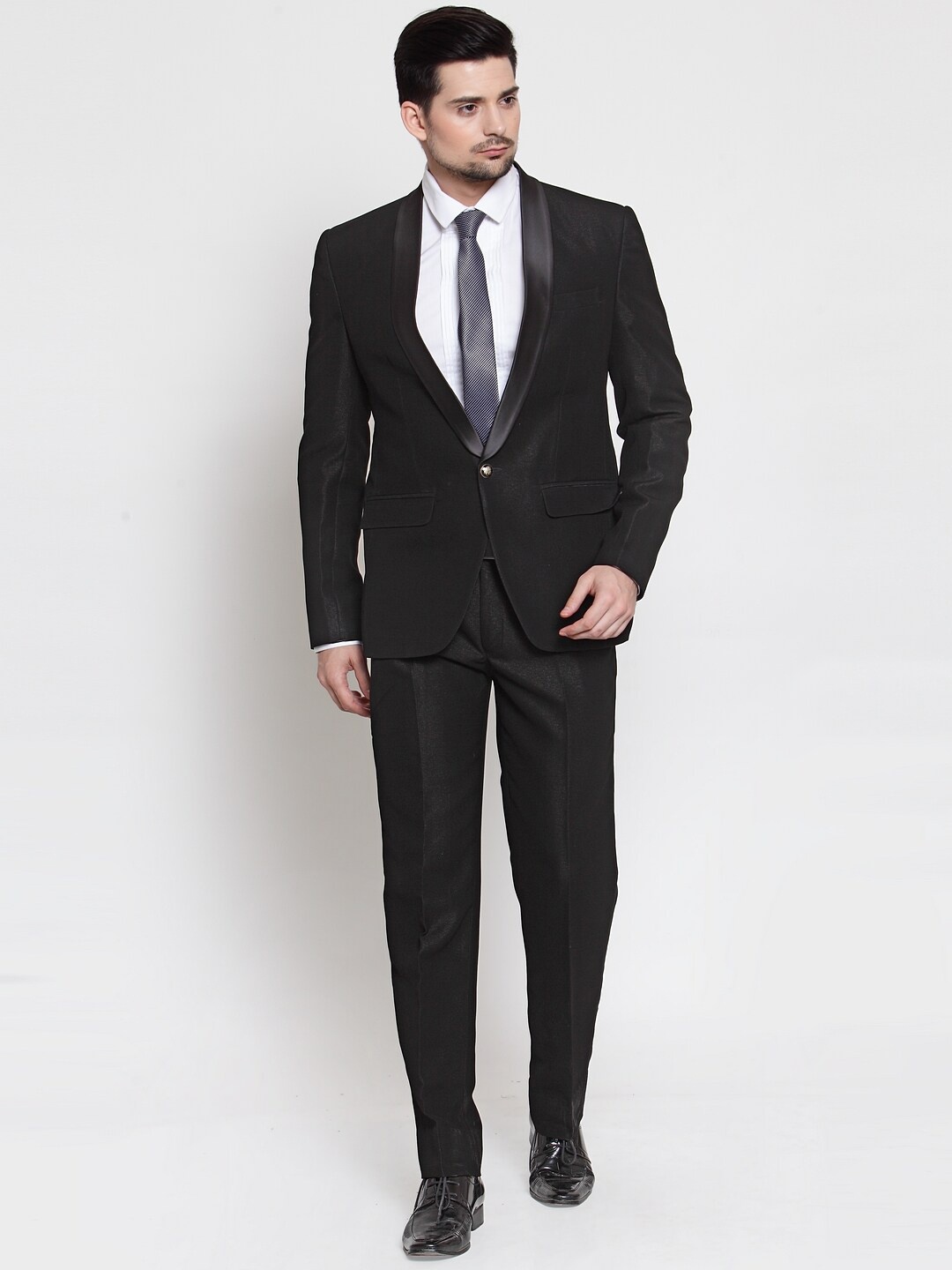 LUXURAZI Men Shawl Collar Slim Fit Tuxedo Two-Piece Suit, Black