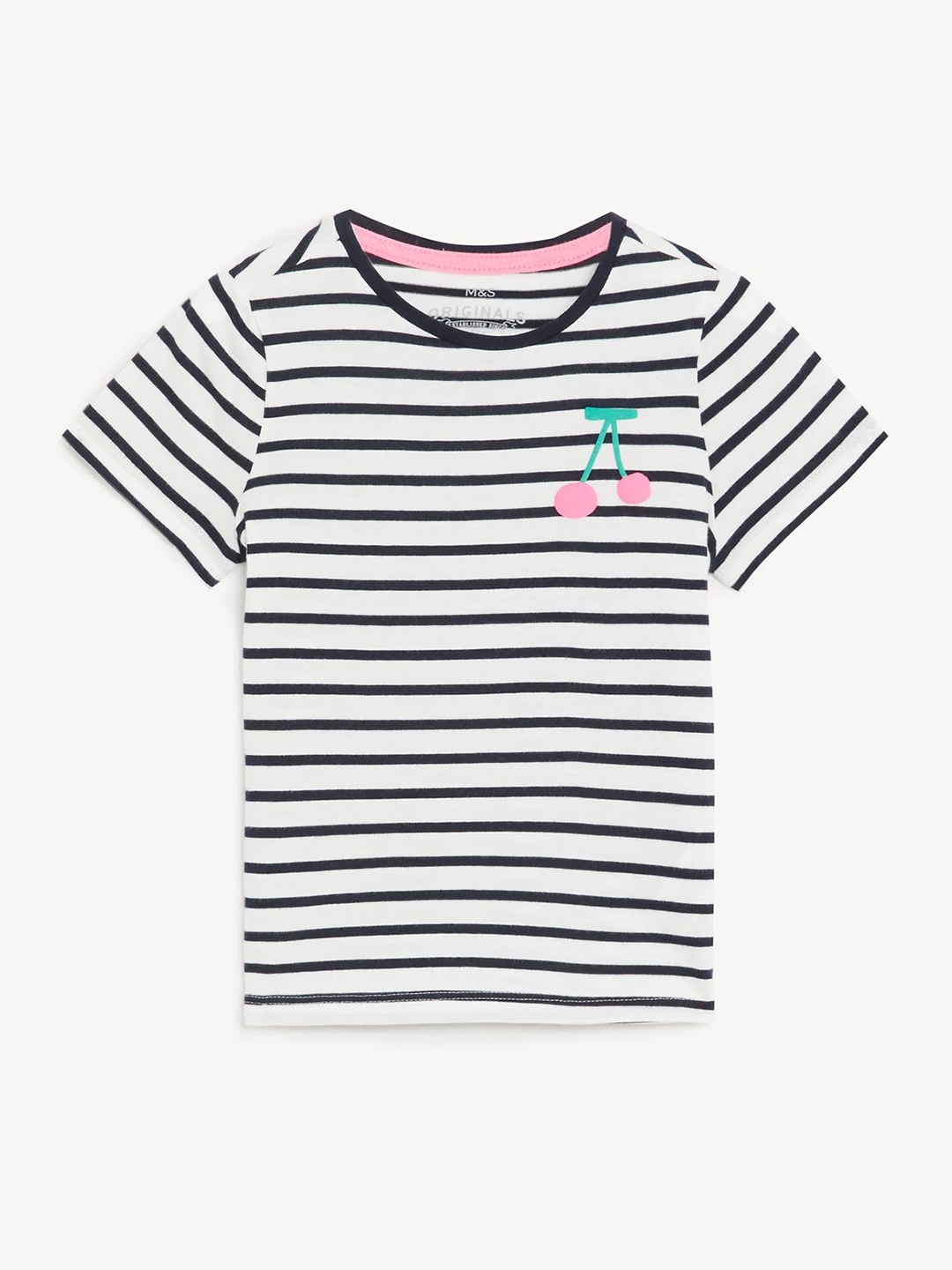 Marks & Spencer Girls Striped Cotton T-shirt, White