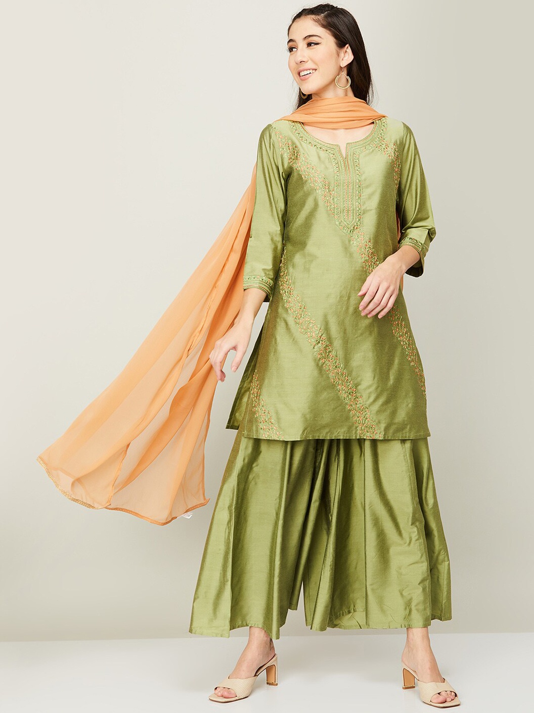 Melange by Lifestyle Floral Embroidered Kurta with Palazzos & With Dupatta, Green