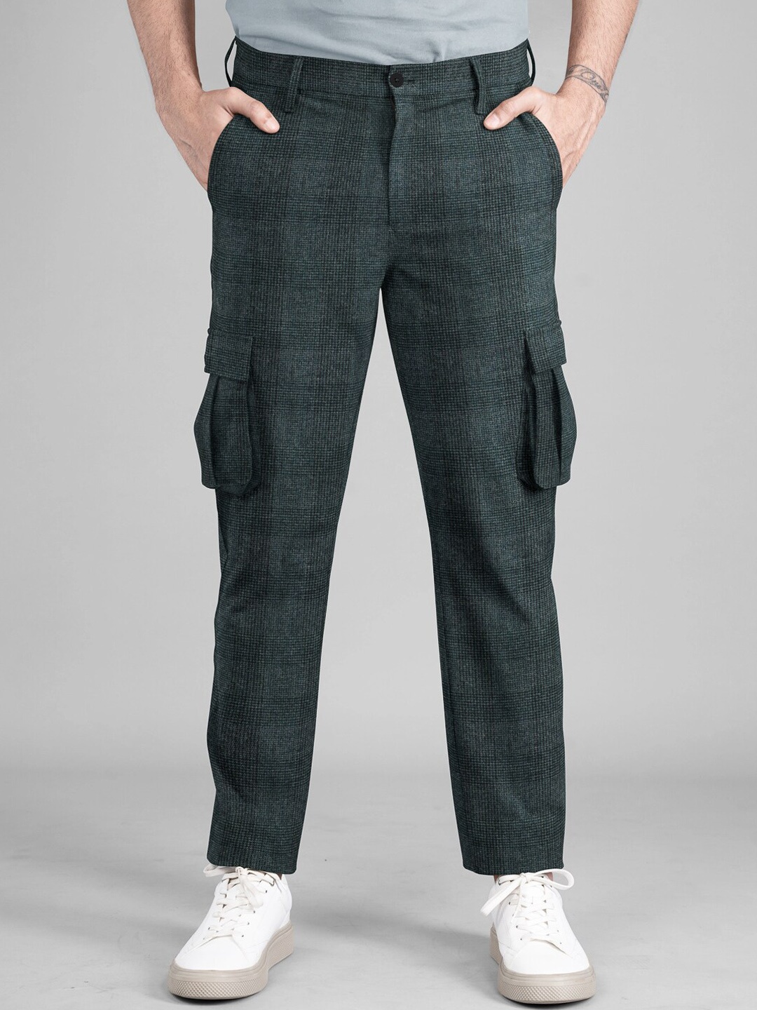 The Pant Project Men Checked Tailored Slim Fit Wrinkle Free Cargos, Teal