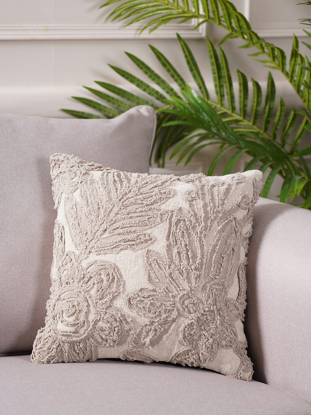 Pure Home and Living Beige Embroidered Cotton Square Cushion Cover