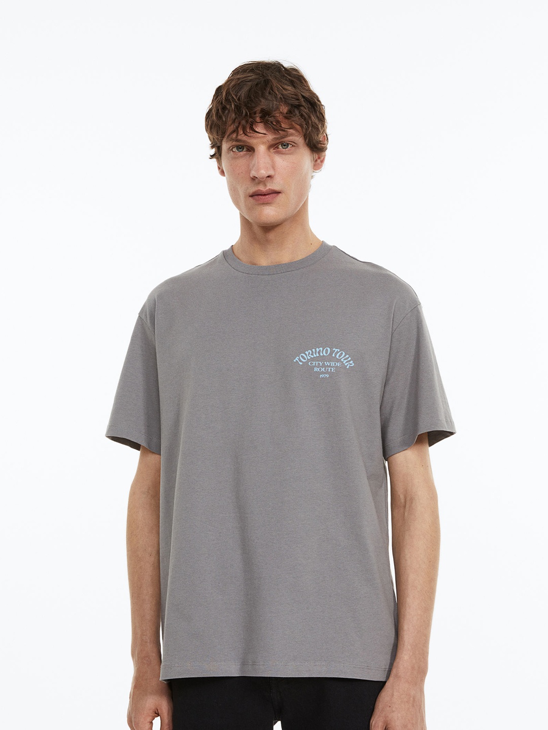 H&M Men Relaxed Fit Printed T-Shirt, Grey