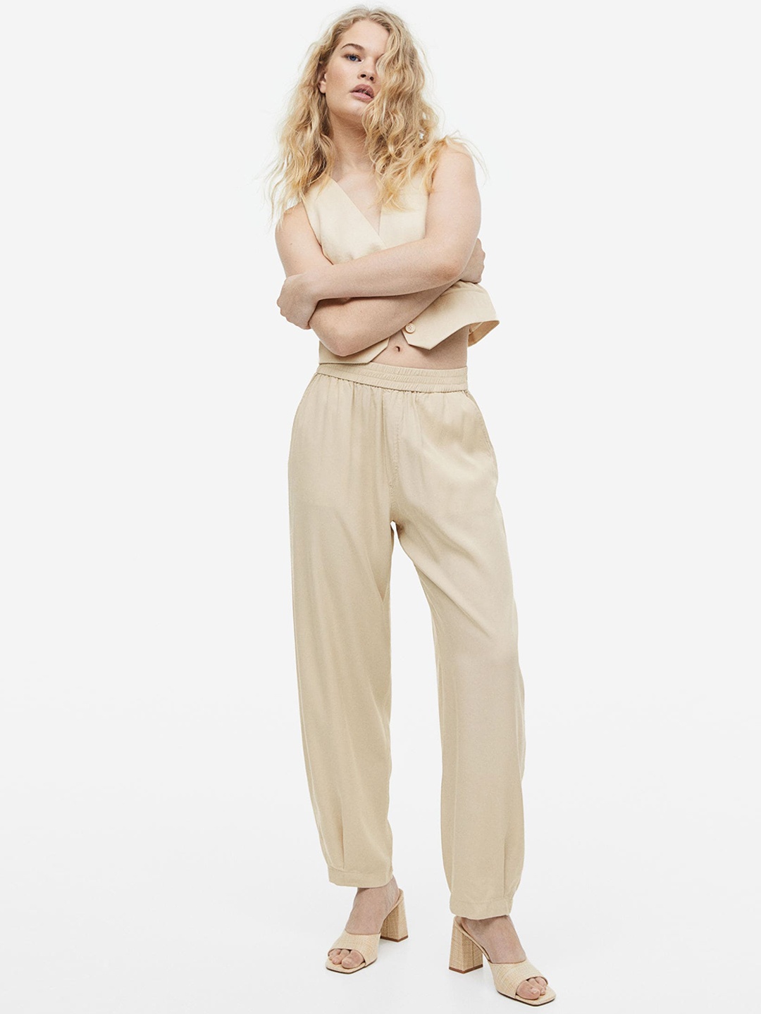 H&M Wom3n High-Waisted Woven Joggers, Beige