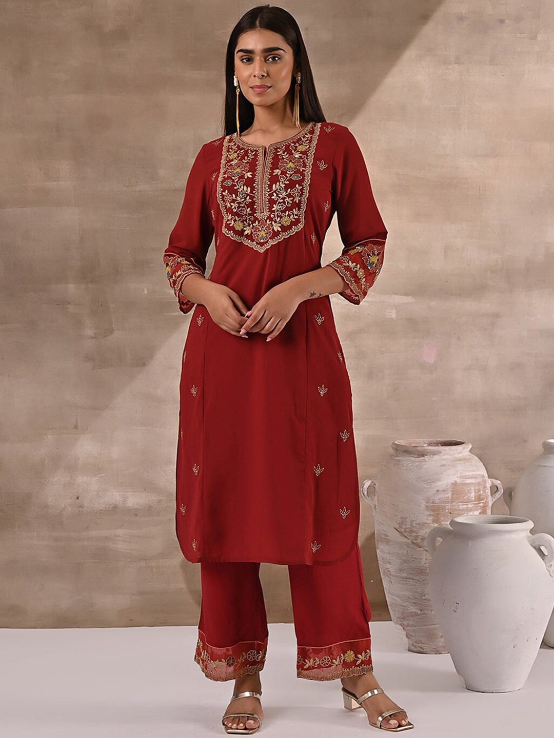 Lakshita Floral Embroidered Thread Work Kurta with Palazzos, Maroon