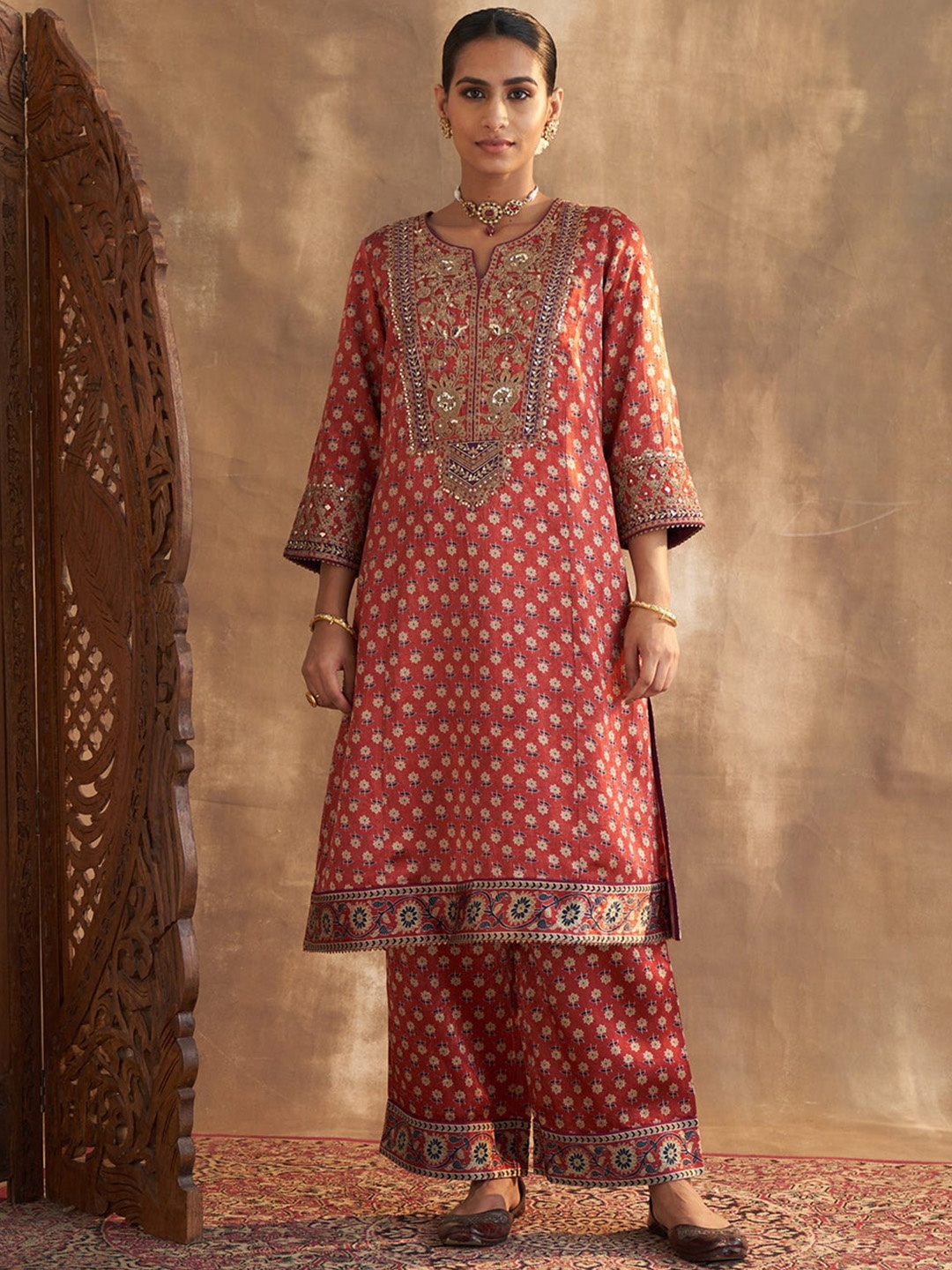 Lakshita Women Plus Size Ethnic Motifs Printed Thread Work Kurta With Palazzos, Maroon