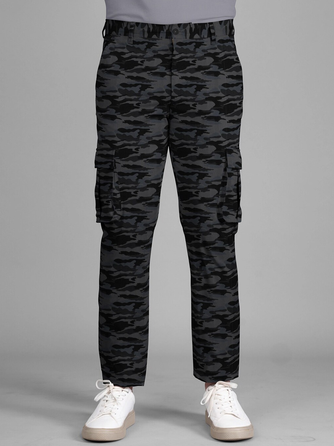 The Pant Project Men Camouflage Printed Cotton Tailored Slim Fit Wrinkle Free Trousers, Grey