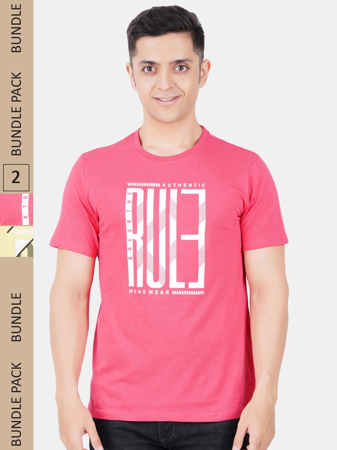 Vibrant Vesture Men Pack Of 2 Typography Printed Cotton T-shirt, Pink