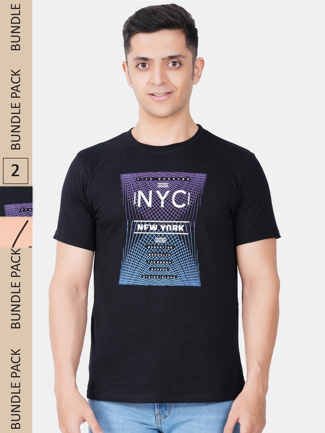 Vibrant Vesture Men Pack Of 2 Typography Printed Cotton T-shirt, Black