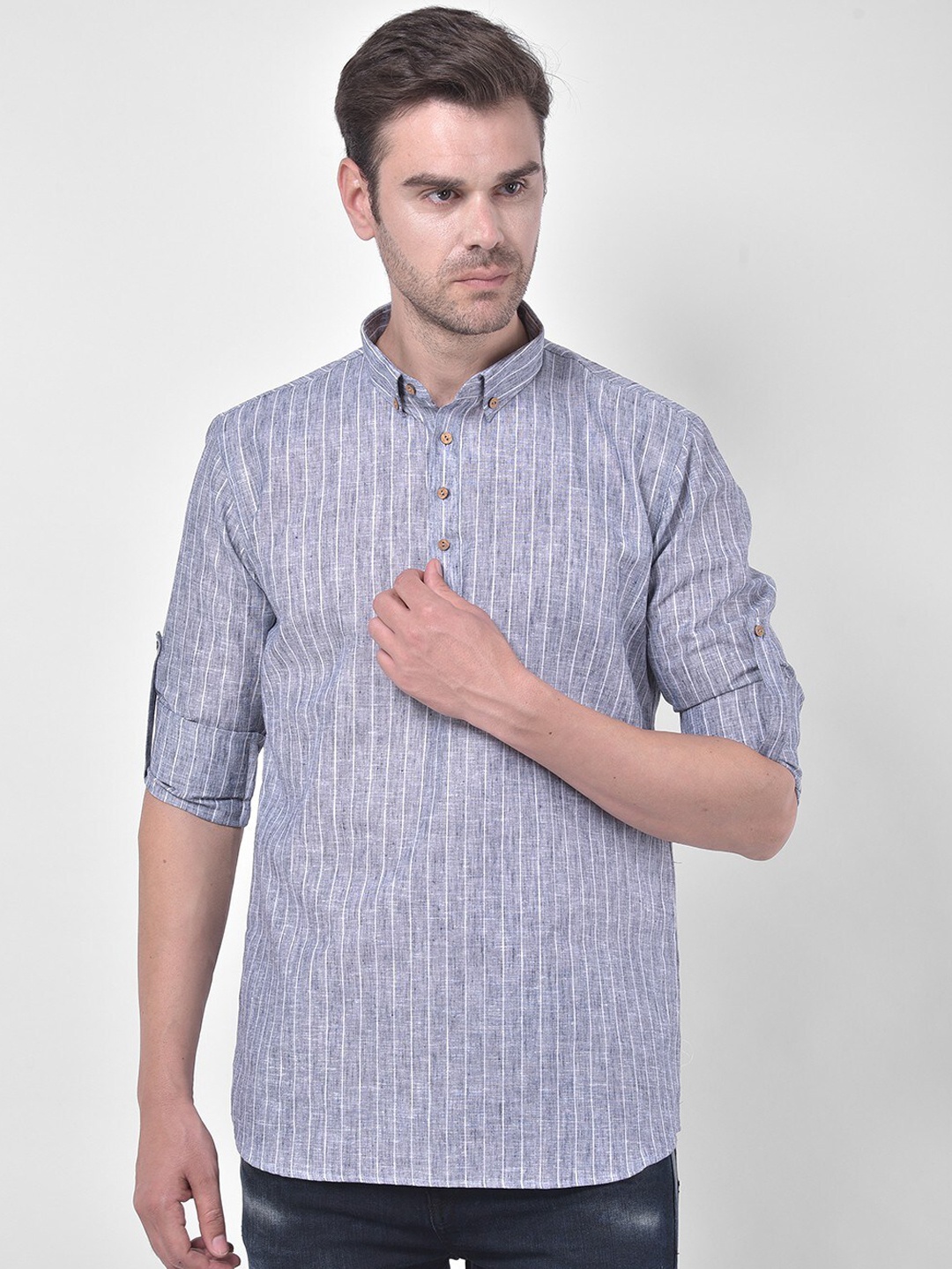TABARD Men Shirt Collar Striped Linen Kurta, Grey