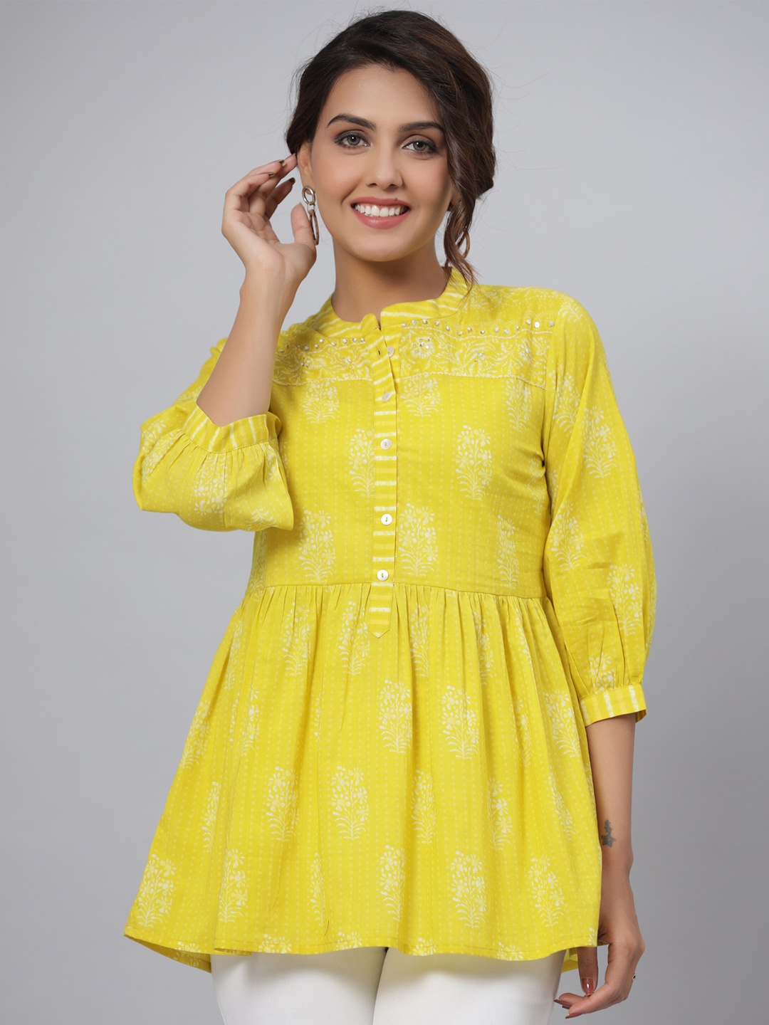 Juniper Mandarin Collar Printed Cotton Tunic, Green