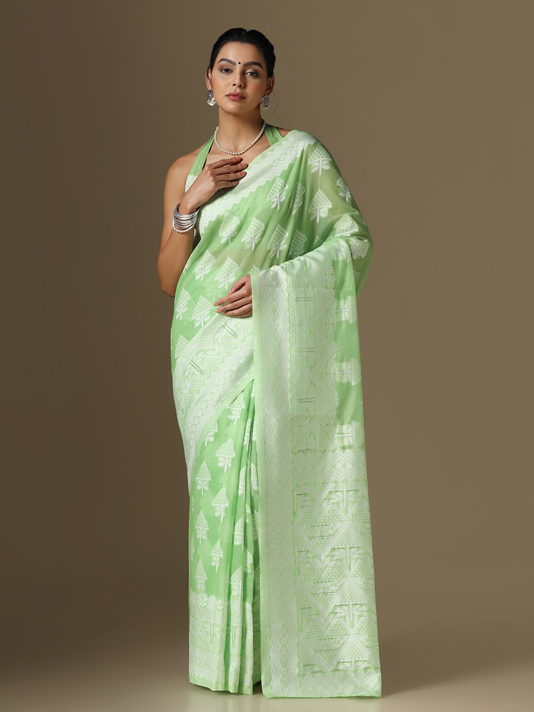 Satrani Ethnic Motifs Woven Design Zari Saree, Green