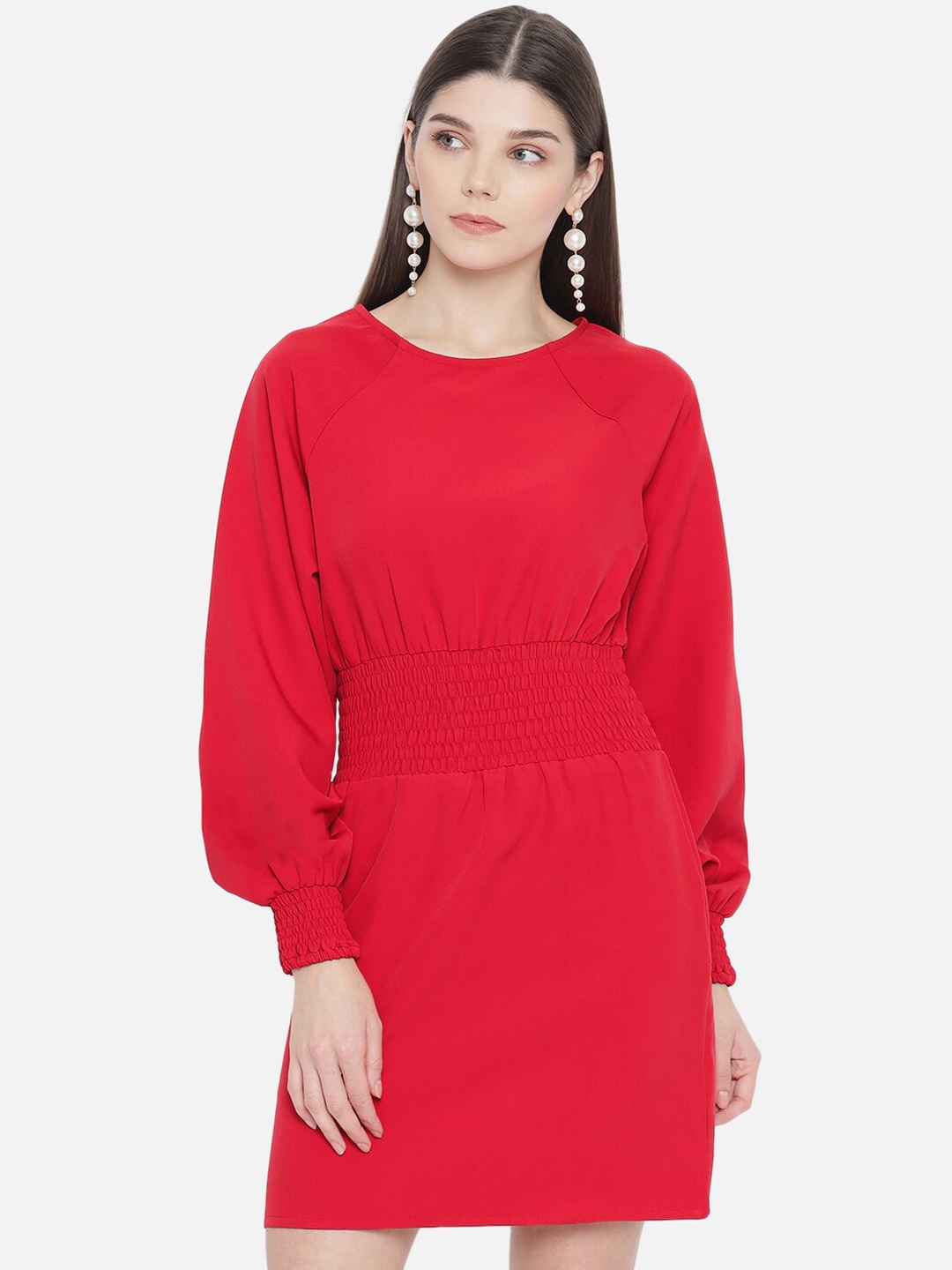 Samshek Smocked Puff Sleeve Sheath Dress, Red